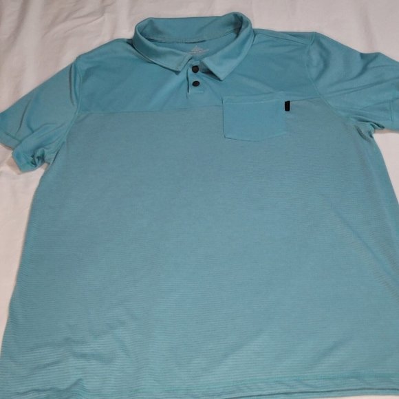 prAna - Men's Large Short Sleeve Polo Shirt Teal Striped Pocket Casual‎ Outdoor - Picture 8 of 8